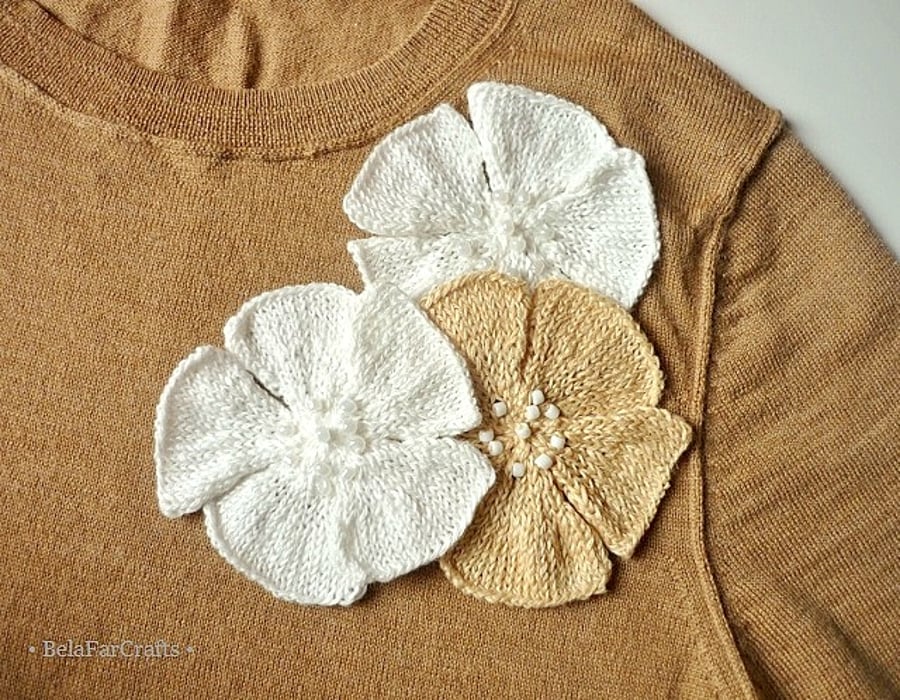 Linen flowers appliques - Knitted embellishments - Eco friendly present