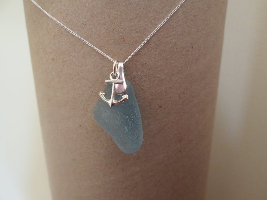 Blue Seaglass Pendant with Silver Anchor Charm on Sterling Silver Necklace chain