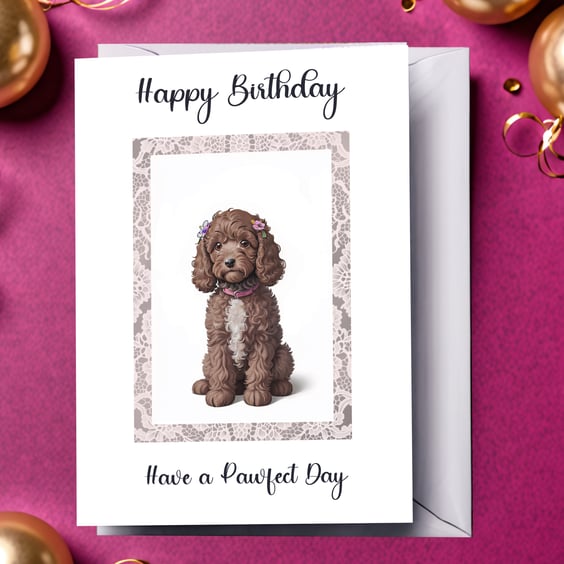 Birthday Card with Cute Cocker Spaniel Dog Design, Size 5" x 7"