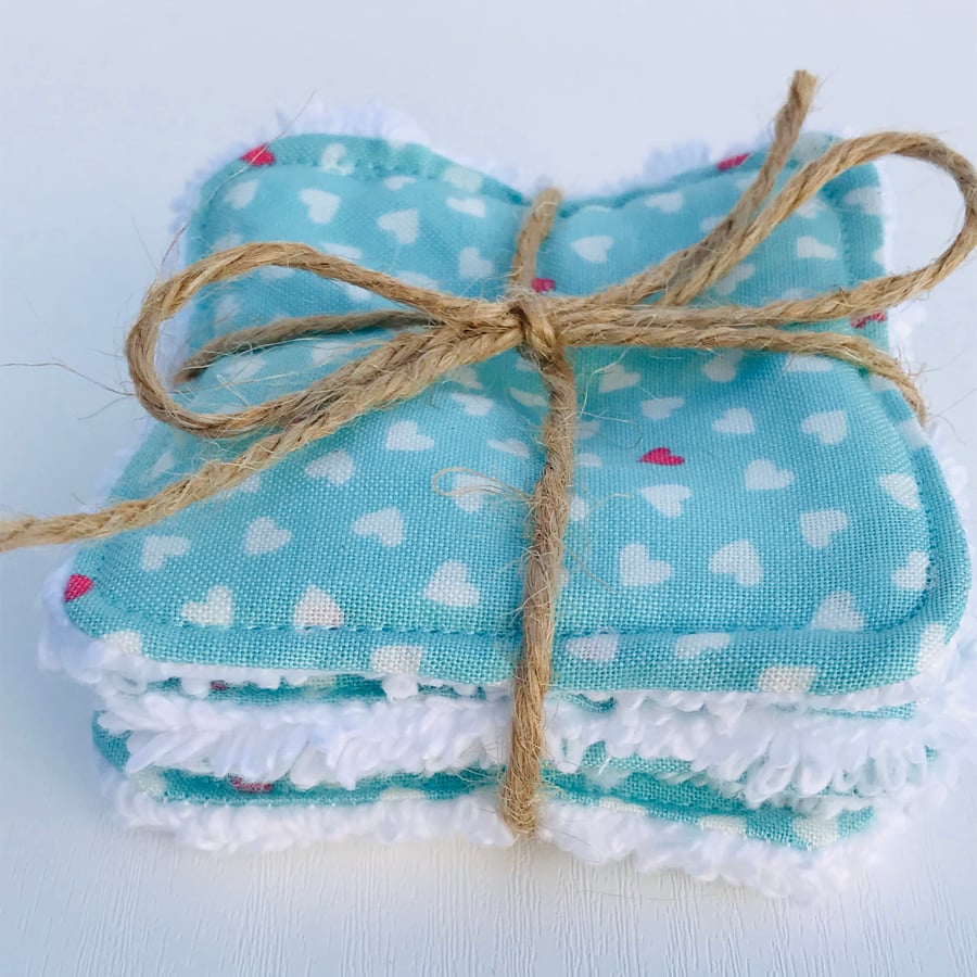 Reusable Face Wipes - washable face wipes.  Turquoise with mini hearts