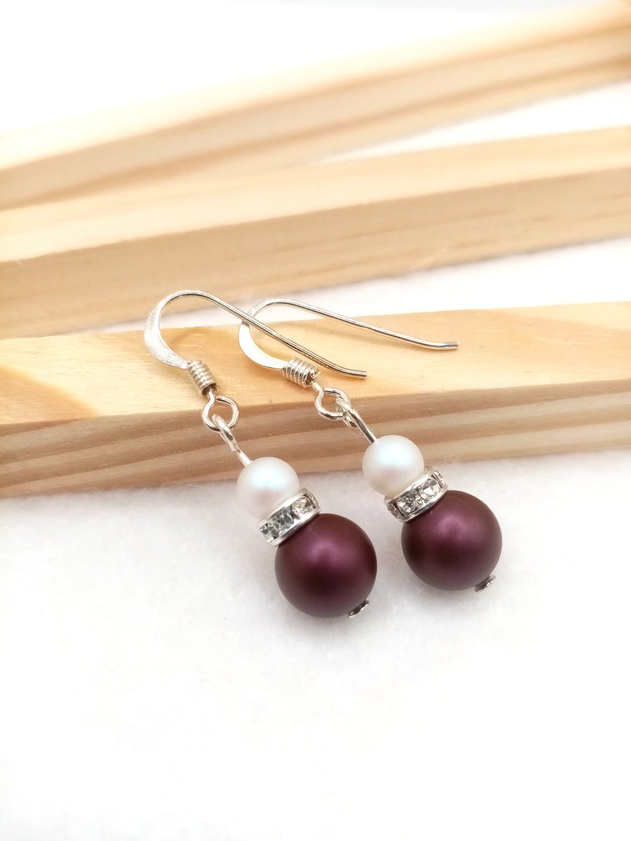 Austrian Crystal Pearl Earrings in Dark Purple - Purple Pearl