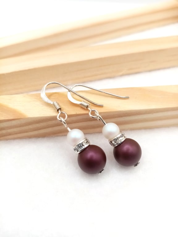 Austrian Crystal Pearl Earrings in Dark Purple - Purple Pearl