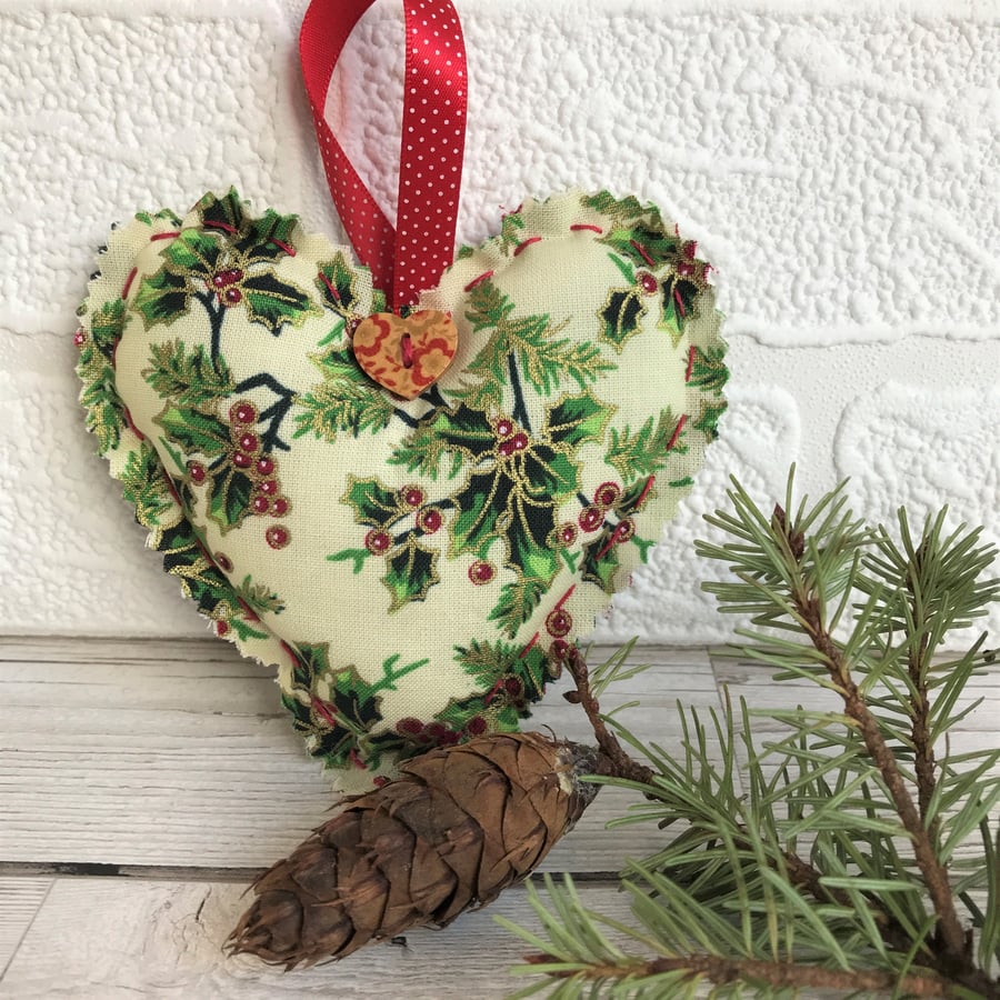 Christmas decoration, Cream and green holly print hanging heart