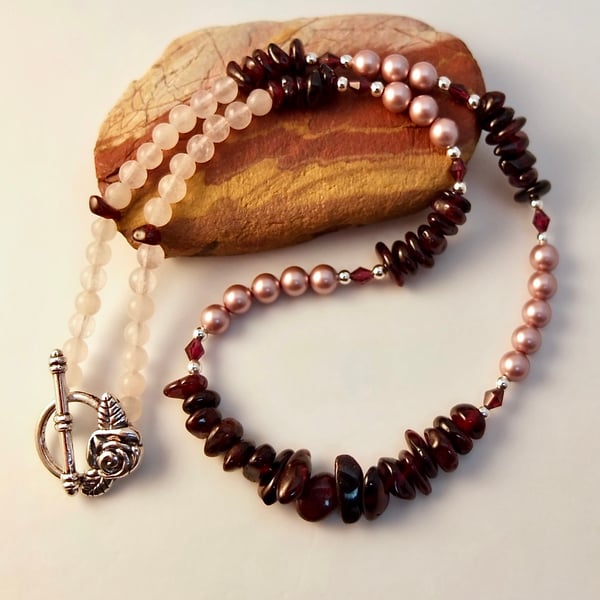 Garnet And Pearl Necklace With Sterling Silver & Rose Quartz - Handmade In Devon