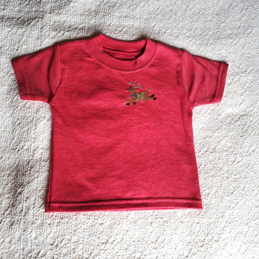 Reindeer, T-shirt , Age 3-6 months, hand embroidered