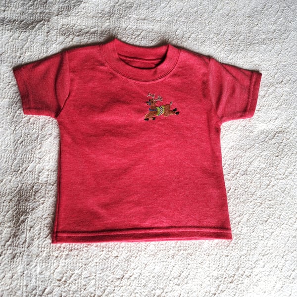 Reindeer T-shirt , Age 3-6 months, hand embroidered