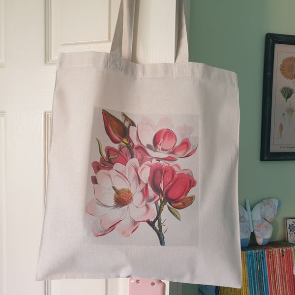 Magnolia Illustration Print Cotton Tote Bag