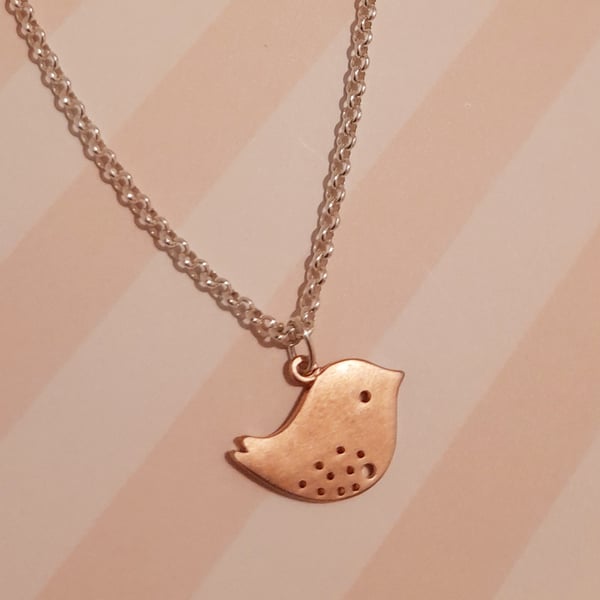 ROSE GOLD SPARROW AND SILVER CHAIN NECKLACE -BIRD -CHRISTMAS - FREE UK POSTAGE