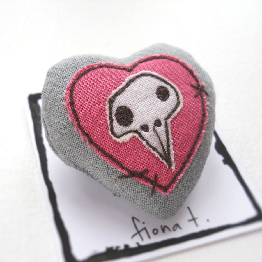 freehand embroidered chicken skull heart textile brooch pink