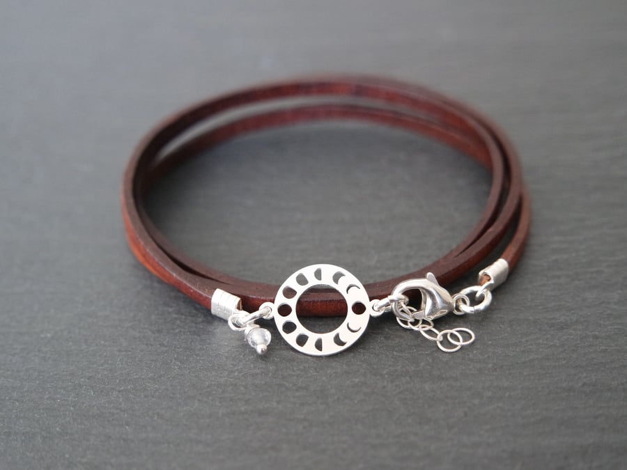 Moon phases and moonstone silver bracelet leather wrap 925 sterling silver