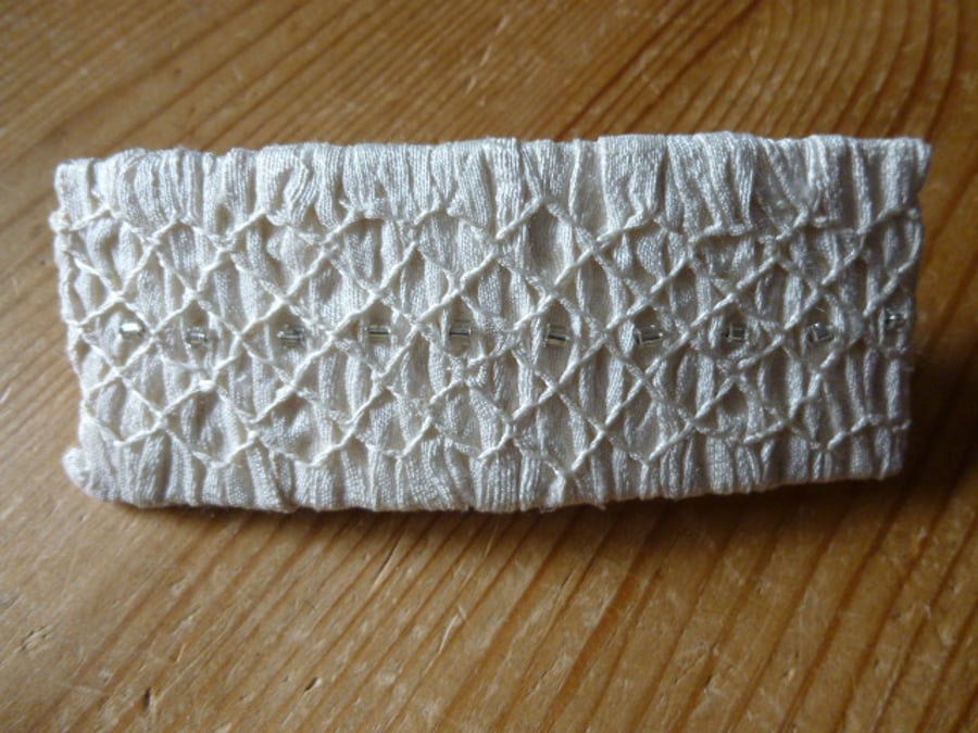 Hand Smocked and Beaded Ivory Silk Hair Clip