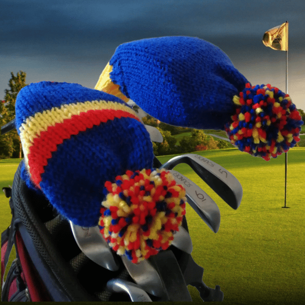 Blue knitted golf headcovers with red and yellow contrast stripes 
