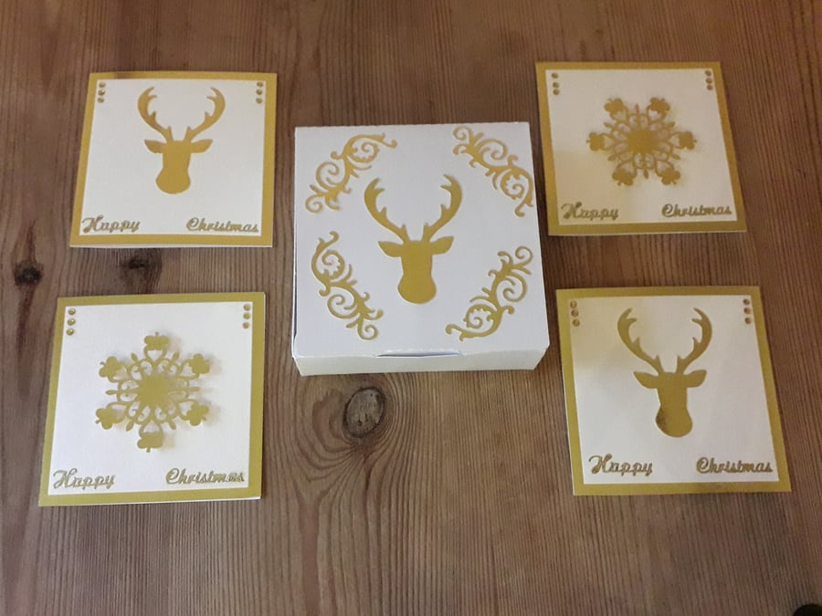 Box of 4 mini Christmas Cards – Stags and Snowflakes – gold