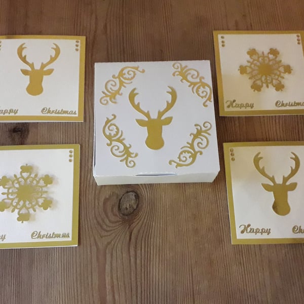 Box of 4 mini Christmas Cards – Stags and Snowflakes – gold
