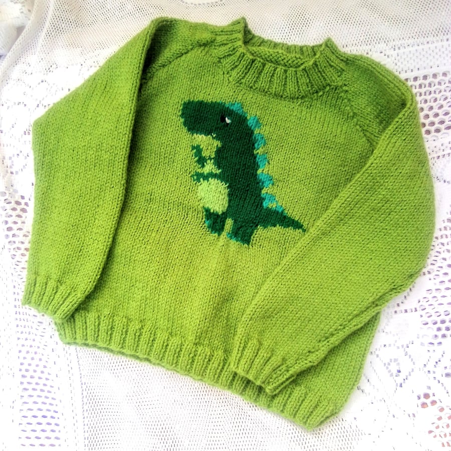 Knitted Jumper with a T Rex Motif for Babies and Children to 7, Birthday Gift