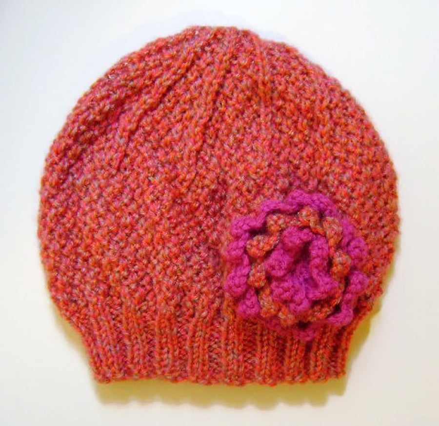 Girls Beanie Hat in Orange Mix & Strawberry Pink Size Medium 5 to 10 years