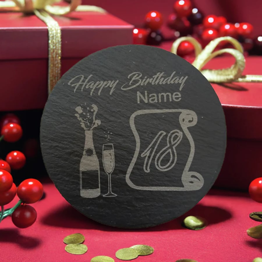 Set of 6 Birthday Personalised Natural Slate Coasters, Round. With bumper feet.
