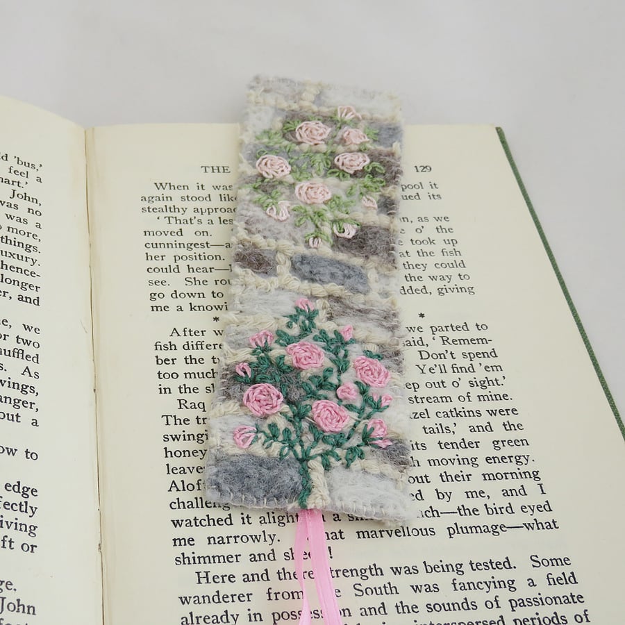 Rose Garden Bookmark - embroidered and felted