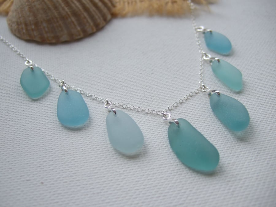 Japanese Sea Glass Necklace, Teal Sea Foam Beach Found Japan Glass, 18" Sterling