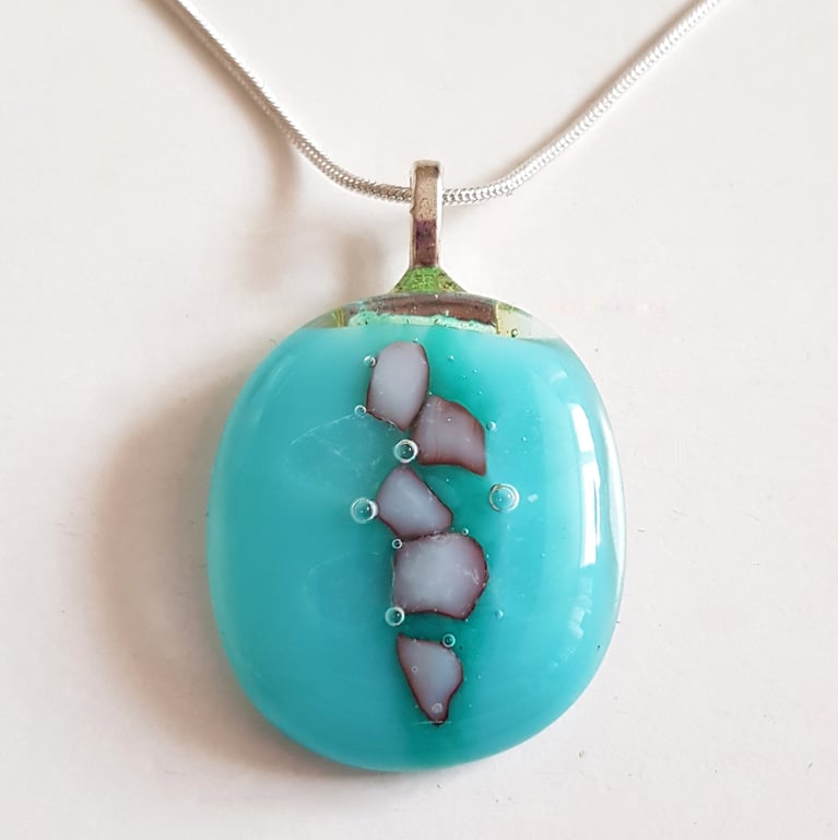 Turquoise Fused Glass Pendant - Lilac Abstract Glass Necklace