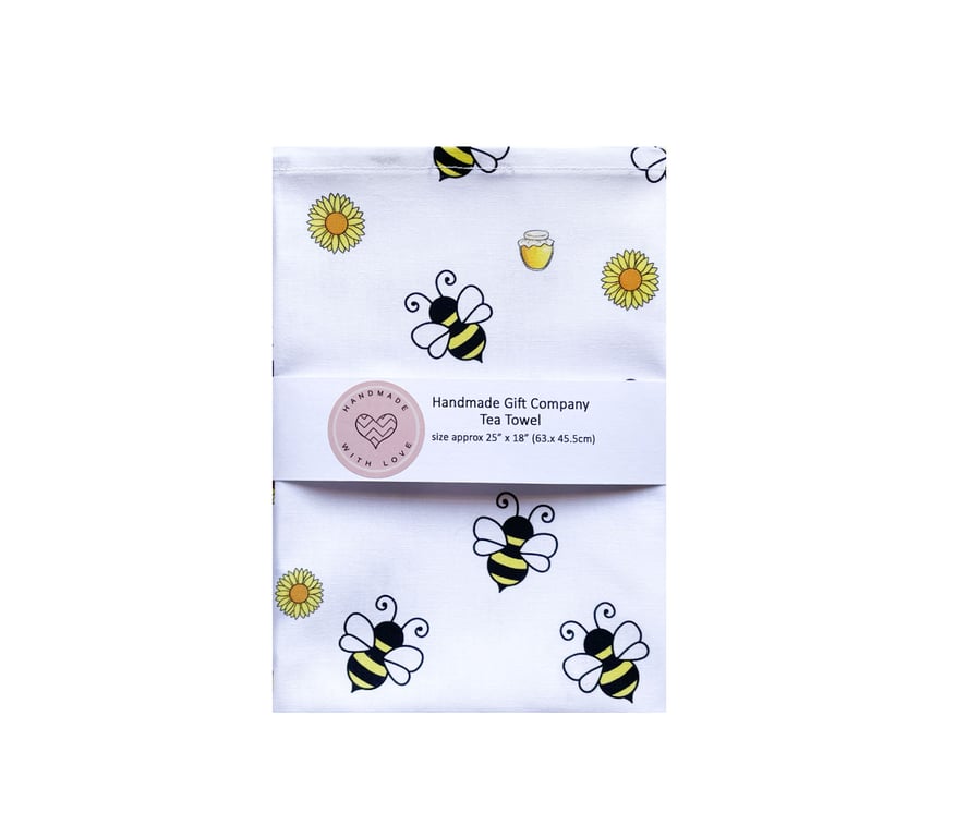 Fabric Handmade Pretty Cotton Tea Towel with a Honeypot Bee Design