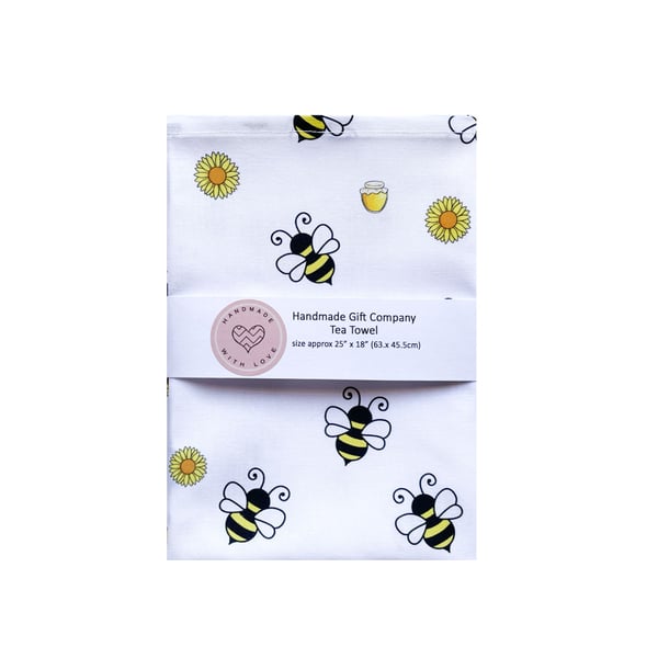 Fabric Handmade Pretty Cotton Tea Towel with a Honeypot Bee Design