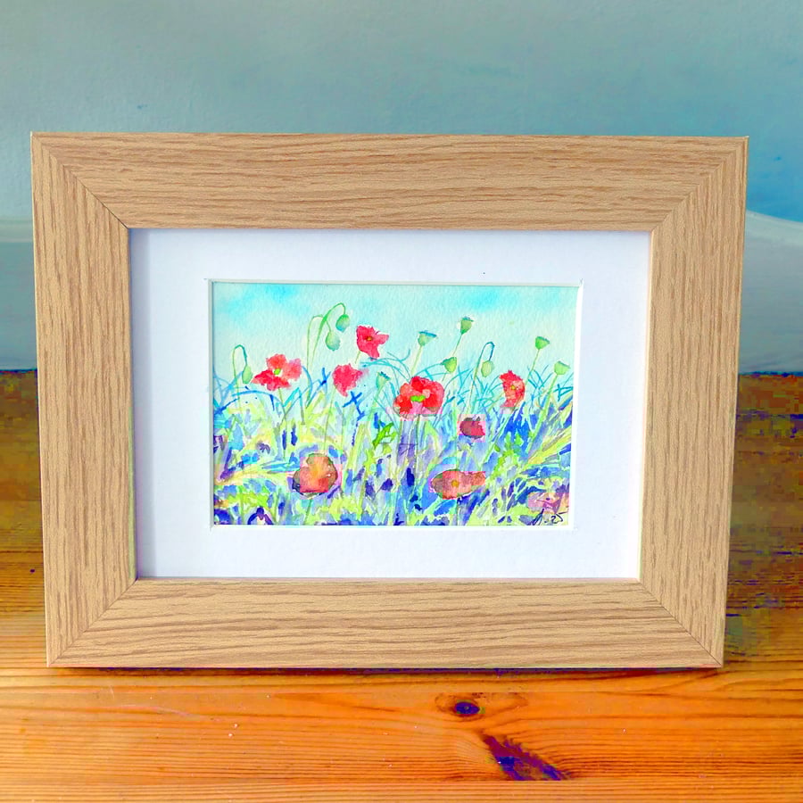 Framed Impressionist Watercolour of Wild Field Poppies