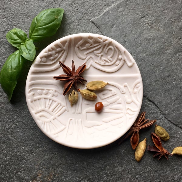 Porcelain bowl, dipping, olive,white, patterned unglazed The Porcelain Menagerie