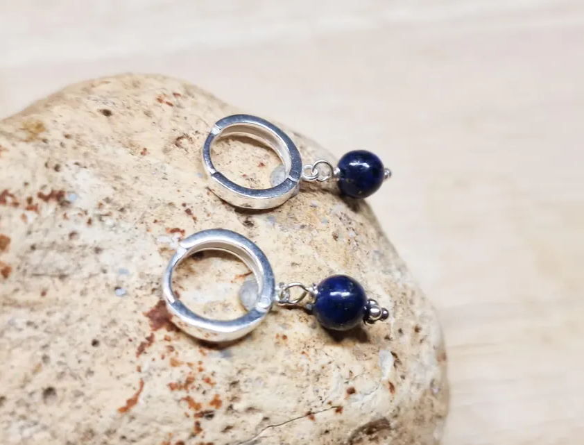 Lapis Lazuli huggie hoop earrings. Sterling silver. September Birthstone