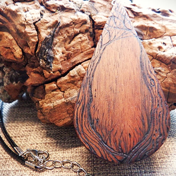 Wooden Pyrography Tree Pendant 