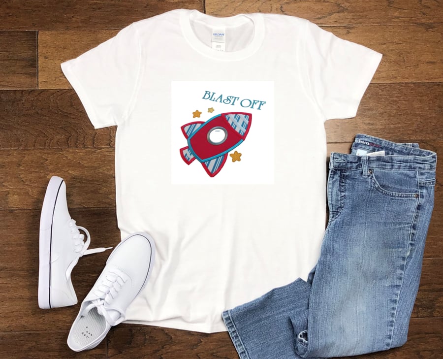 Child Embroidered T-shirt, Rocket T-shirt, Made to Order t-shirt