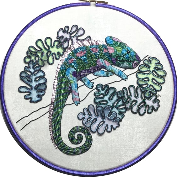 Disco Dave the chameleon - full kit - Goldwork, Stumpwork, Embroidery, DYI kit