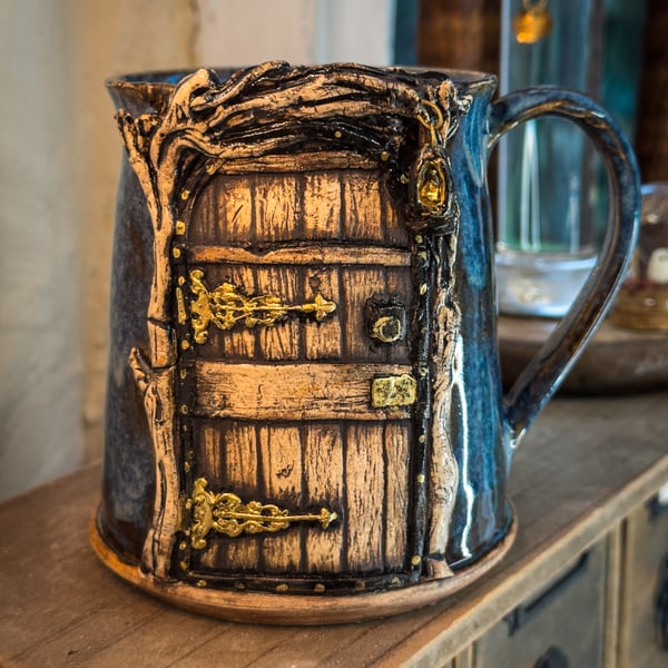 Cottagecore Fairytale Wooden Forest Door Coffee Mug with Lantern