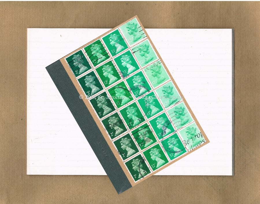 Upcycled Notebook - Bottle Green Ombre Recycled Postage Stamps, lined a6 jotter