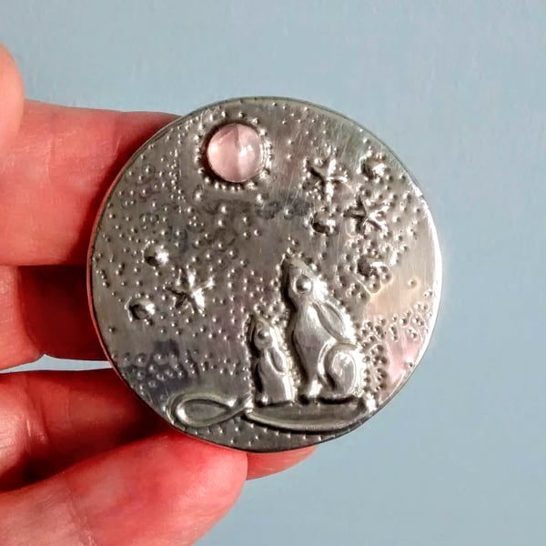 Moongazing Hares Brooch with Rose Quartz  Moon