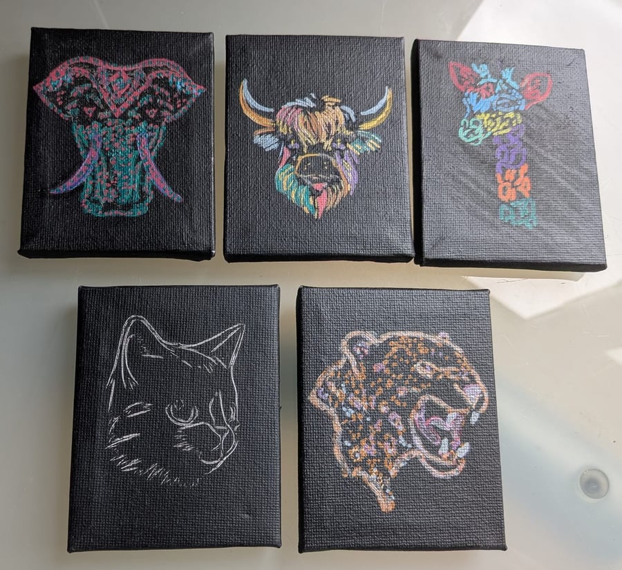 Small Canvas with Easel for Display.  Animal Art.  Etched Black Canvas, Painted.