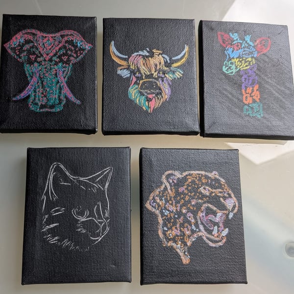 Small Canvas with Easel for Display.  Animal Art.  Etched Black Canvas, Painted.