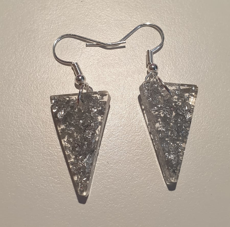 Triangle silver metallic flakes resin earrings