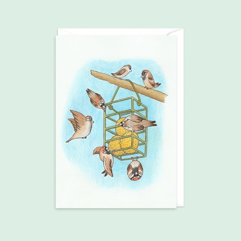 Garden Sparrows Greeting Card: Original Pencil Illustration (208)