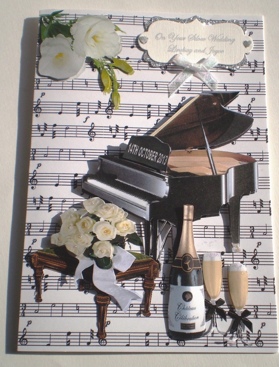 Handmade  Anniversary Card, Silver, Decoupage,3D, Piano,Flowers.Personalise