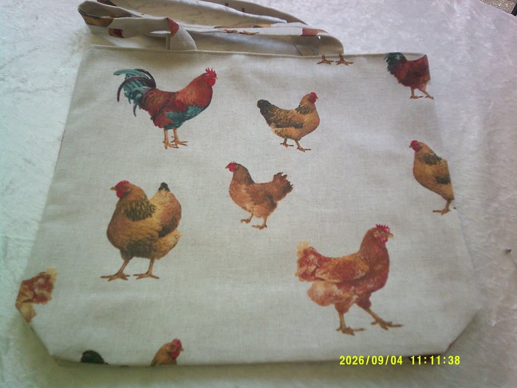 Chickens and Cockerels on Beige Fabric Bag