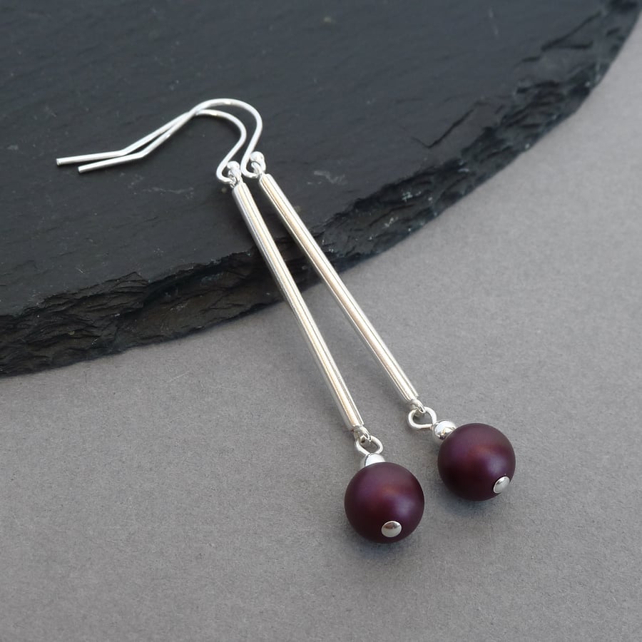 Long Plum Drop Earrings - Simple Sterling Silver Bar and Purple Pearl Earrings