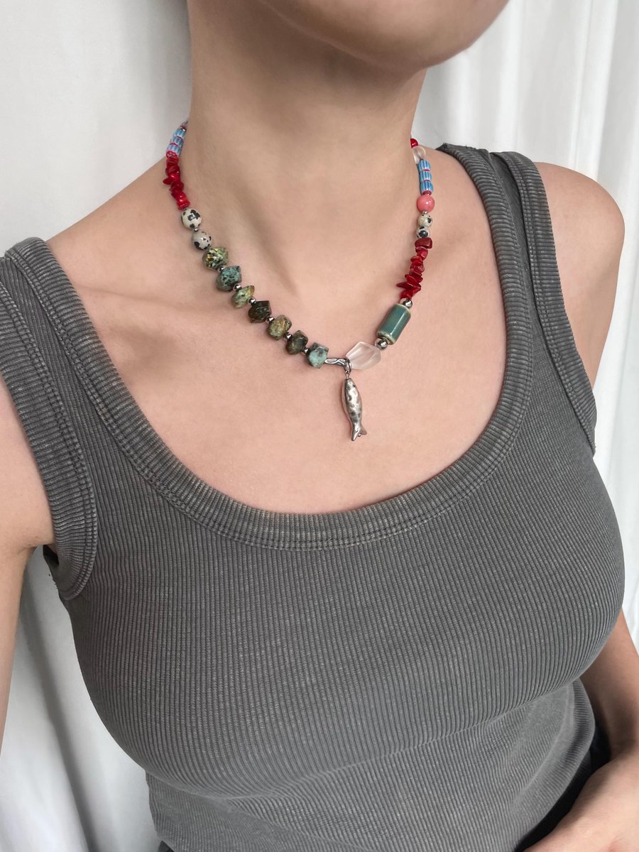 Natural stone fish necklace with ceramic charms and silver fish