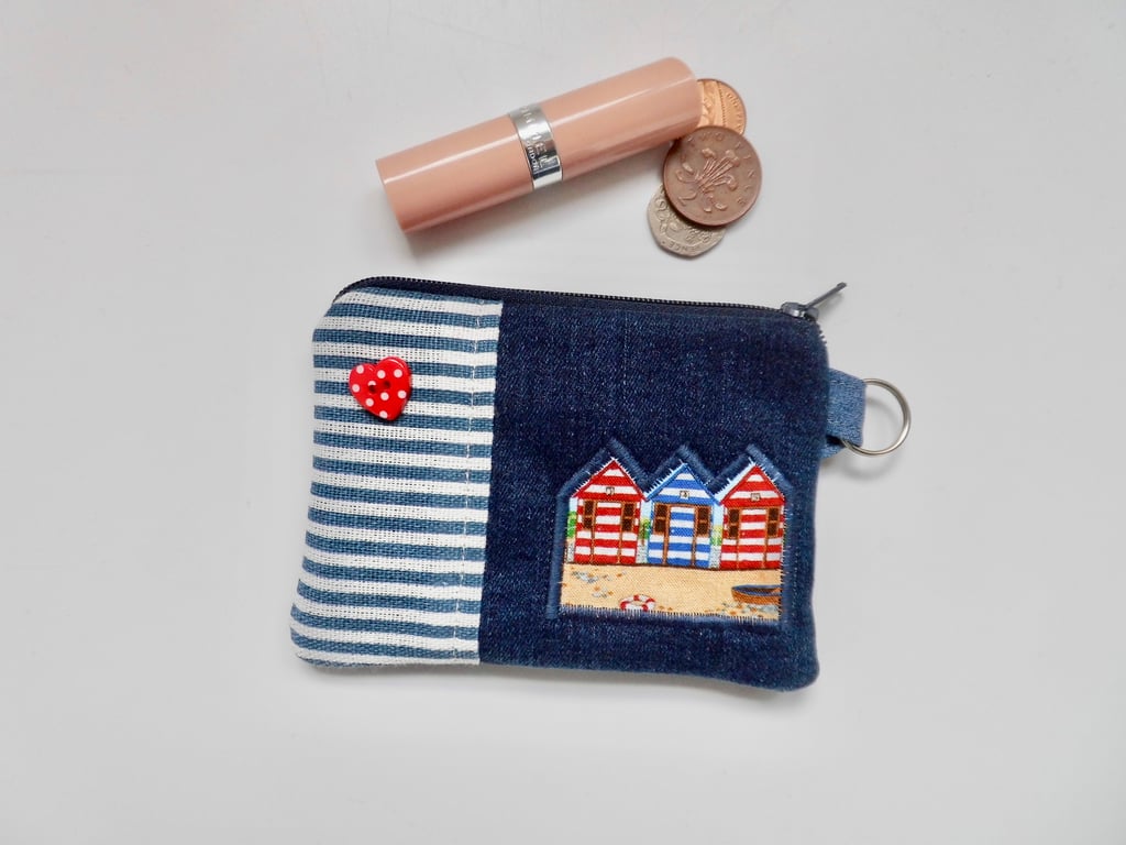 Coin purse with beach huts and red heart button