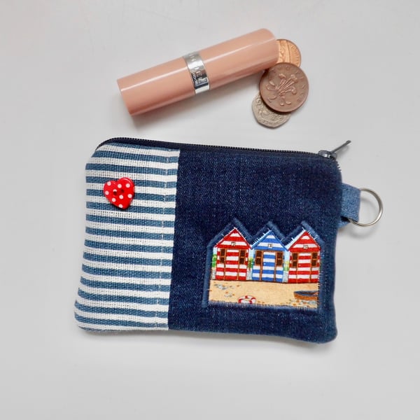 Coin purse with beach huts and red heart button