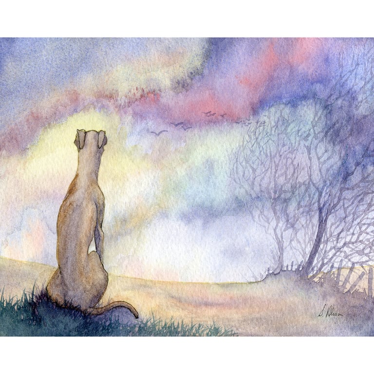 Whippet Galgo Art Print: Greyhound Dog, Dawn Landscape