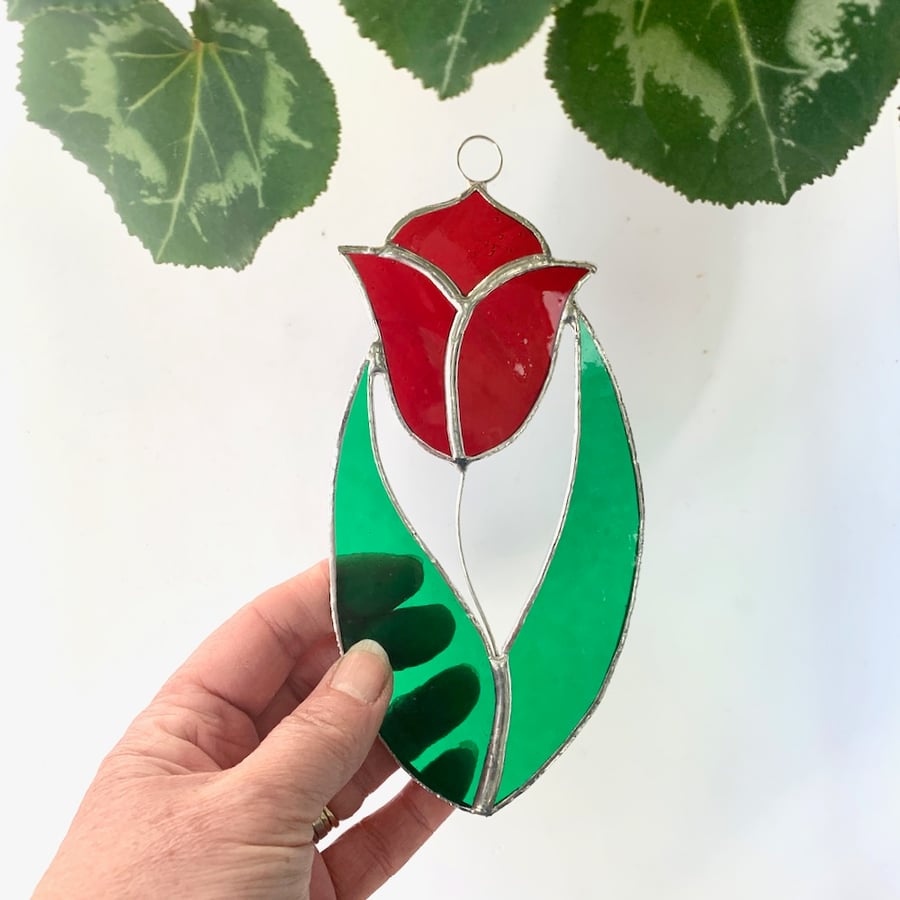 Stained Glass Tulip Suncatcher Handmade Hanging Decoration - Red