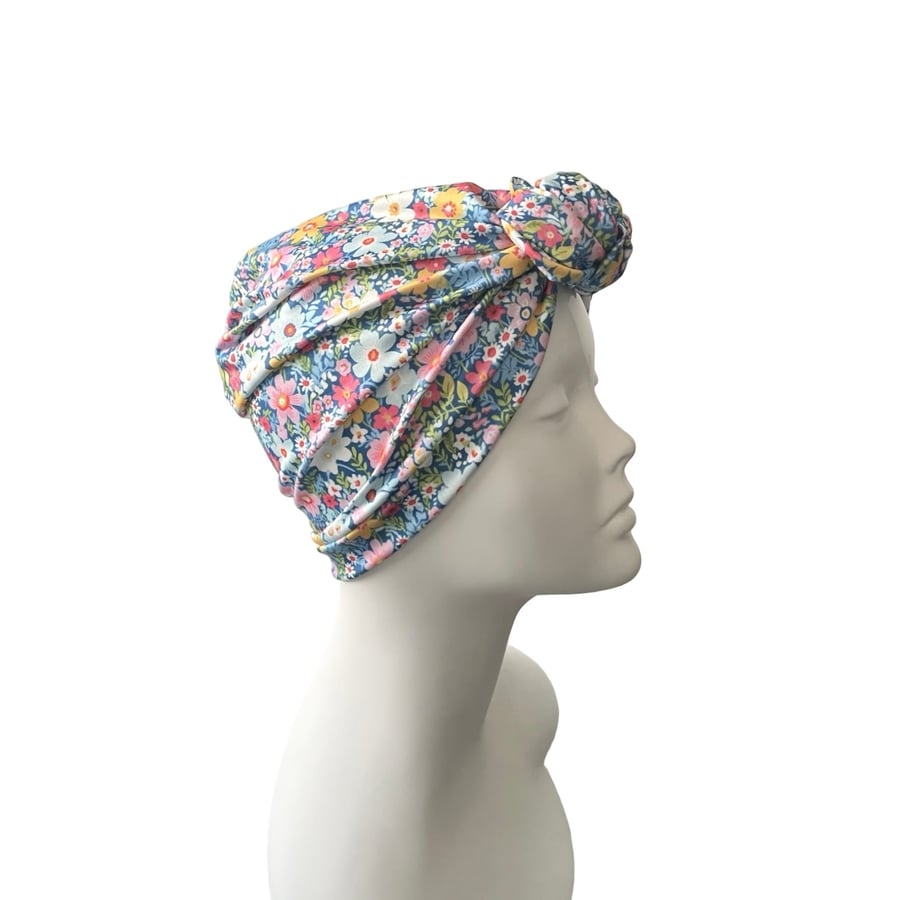 SPF 50 Floral Print Turban Hat for Women Hair Loss Head Scarf Swim Jersey Cap