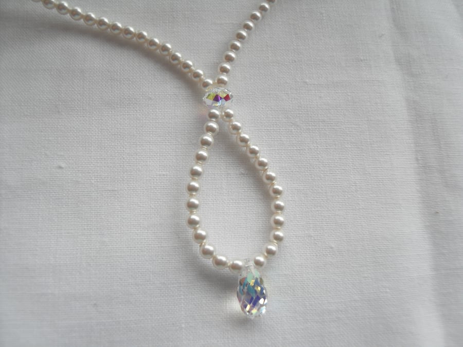 Pearl with Teardrop Crystal Drop Necklace