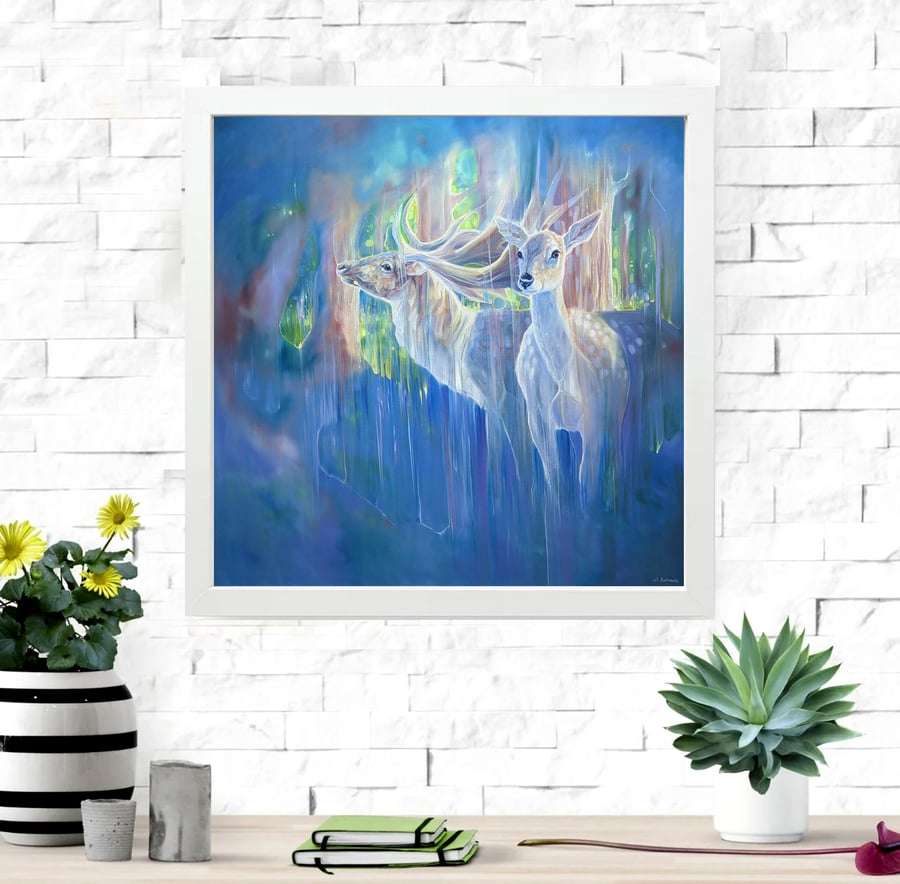 Divine Monarchs is a framed canvas print of two deer in bluebells abstract wood